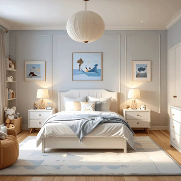 Charming Kids Room with Soft Blue Tones & Cozy Elegance