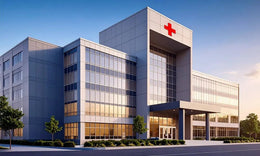 Institutional Hospital Design with Grand Central Tower and Glazed Wings