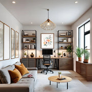 Modern Ash Wood Study Room with Floral Art and Cozy Sofa