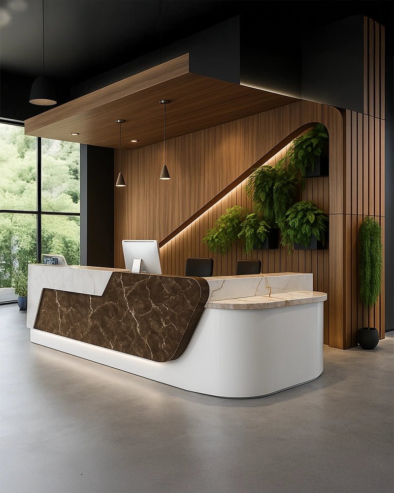 Eco-Modern Reception with Sculptural Desk & Biophilic Wall Accents ...