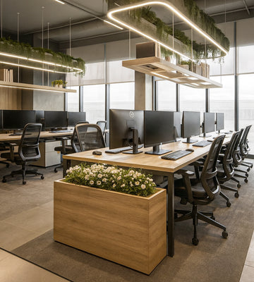 Biophilic Linear Workspace with Layered Lighting and Warm Tones