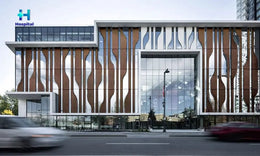 Avant-Garde Hospital Facade with Organic Wood Fins & Glass Harmony