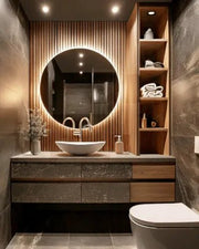 Minimalist Bathroom with Illuminated Round Mirror & Drawer