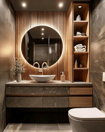Minimalist Bathroom with Illuminated Round Mirror & Drawer