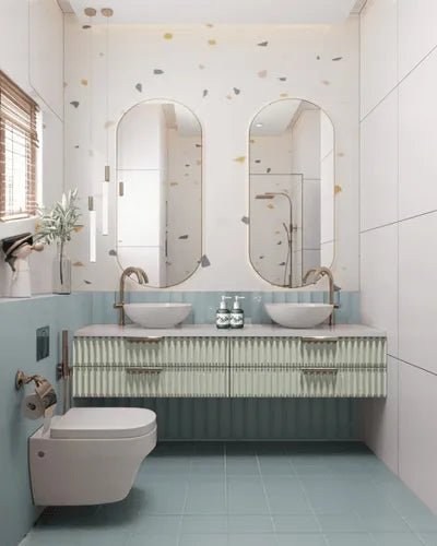 Soft Pastel Bathroom Design with Fluted Vanity & Dual Sinks