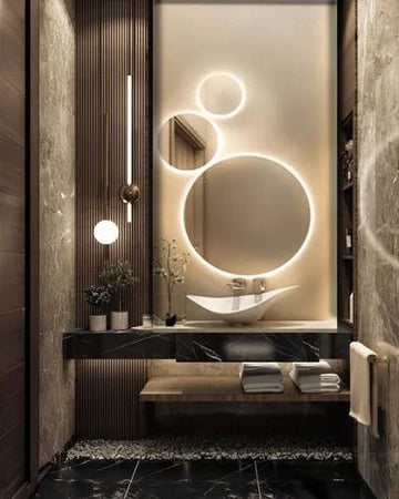 Luxurious Bathroom with Multi-Circle Mirror Design & Storage