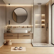 Bathroom Design with Pebble Shower Tray & Round Mirror