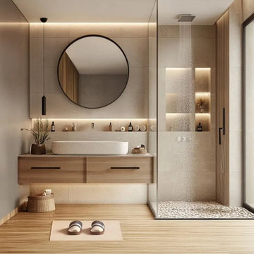Bathroom Design with Pebble Shower Tray & Round Mirror