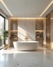 Luxe Bathroom with Freestanding Tub & Open Shelving