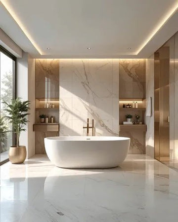 Luxe Bathroom with Freestanding Tub & Open Shelving