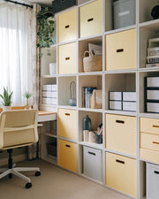 Elegant Modular Workspace with Soft Storage Tones