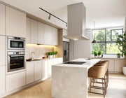 Contemporary Island Kitchen in Cyclone & Creme Marquina