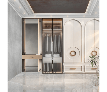 Door Gloss & Glass Wardrobe With Vanity Niche and Decorative Gold Accents