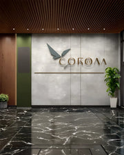 High-Impact Corporate Entry Wall with Branded Minimalism and Sculpted Texture