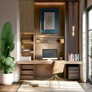 Modern Ash Wood Study Room with Built-In Shelving and Greener