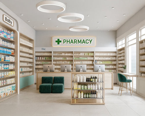 Modern Wellness Pharmacy – Elegant & Efficient Interior Design