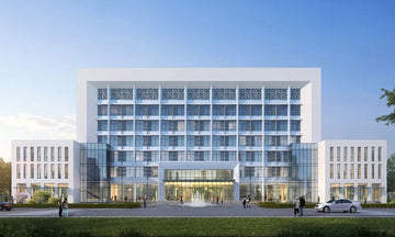 Grand Institutional Hospital with Framed Central Core and Glazed Flanks