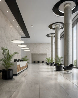 Monumental Corporate Lobby with Circular Skylights & Marble Grandeur