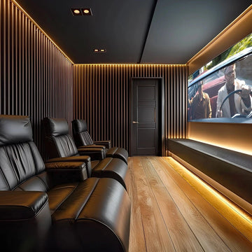 Linear Wood-Slat Home Theatre with Luxe Recliners & Warm Lighting