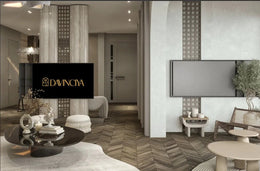 Neo-Wabi Luxe Lounge with Chevron Wood Floor & Split Feature Wall