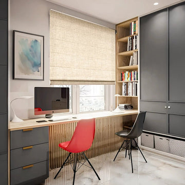Modern Ash Wood Study Room with Red and Black Chairs