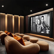 Cinematic Lounge Home Theatre with Velvet Seating & Retro Vibes