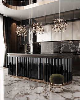 Black Marble & Gold Luxury Kitchen Island with Designer Pendant Lights