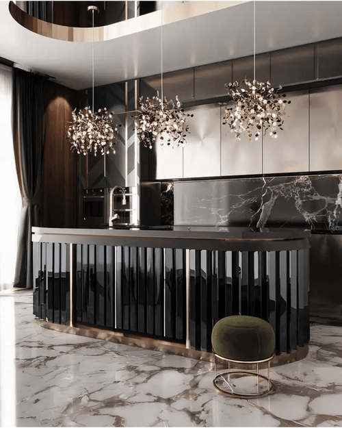 Black Marble & Gold Luxury Kitchen Island with Designer Pendant Lights