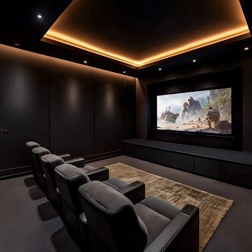 Minimalist Luxe Home Theatre with Tiered Recliners & Ambient Cove Lighting
