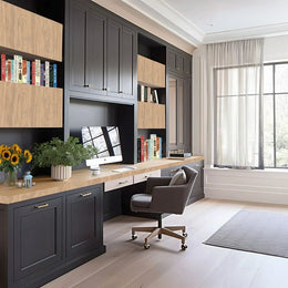 Ash Wood Study Room with Black Cabinets and Sunflower Décor