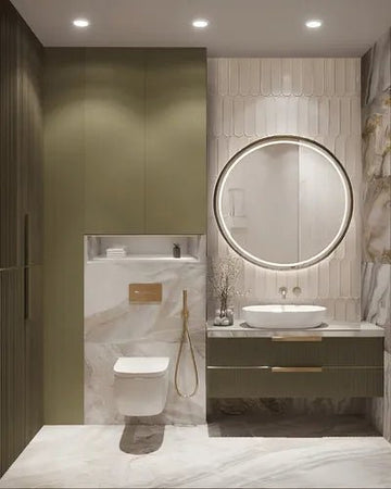 Minimalist Bathroom with Green Accents & LED-Lit Mirror