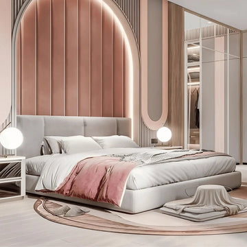 Modern Blush & Beige Kids Bedroom with Arched   Headboard Wall