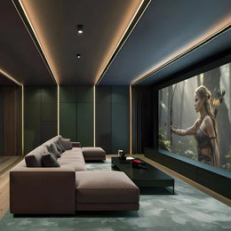 Minimalist Slate & Blush Home Theatre with  Contemporary Lounge Seating