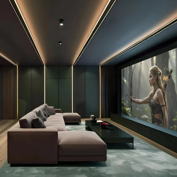 Minimalist Slate & Blush Home Theatre with  Contemporary Lounge Seating