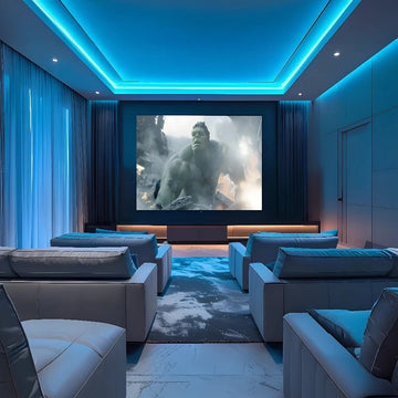 Contemporary Ocean-Toned Home Theatre with Ambient Blue Lighting
