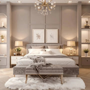 Beige & Velvet-Toned Kids Bedroom with Display Niche Shelves