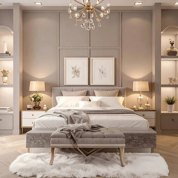 Beige & Velvet-Toned Kids Bedroom with Display Niche Shelves