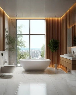 Luxury Bathroom with Freestanding Tub & Vertical Wood Paneling