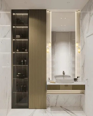 Bathroom with Elegant Vanity & Illuminated Storage