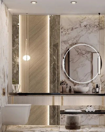 Luxurious Bathroom with LED-Lit Mirror & Marble Finishes