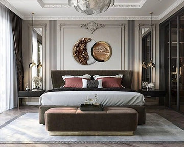 Luxe Neo-Classical Bedroom with Rich Finishes & Sculptural Accents