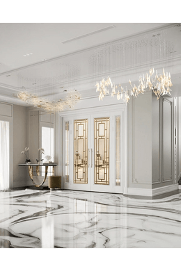 Grand Luxe Foyer with Gold Accents and Artistic Chandelier