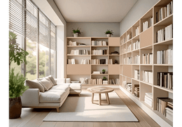 Scandinavian-Inspired Reading Lounge with Large   Windows and Minimalist Bookshelves