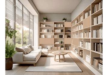 Scandinavian-Inspired Reading Lounge with Large   Windows and Minimalist Bookshelves
