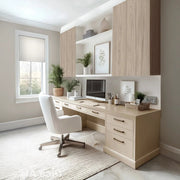 Elegant Minimalist Beige Study Room with Natural Wood Accents