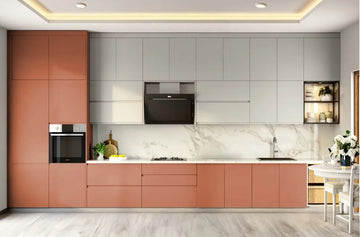 Modern Minimalist Straight-Line Kitchen in Dove Grey & Caramel
