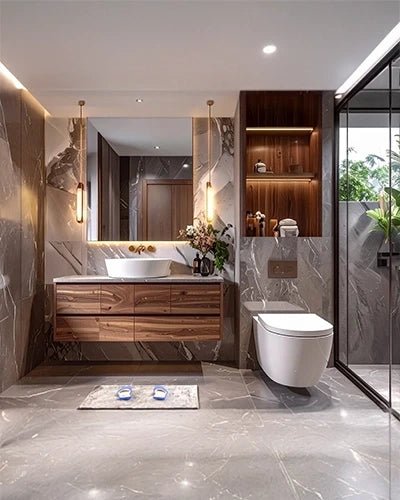 Modern Bathroom Design with Wooden Vanity and Marble Tiles