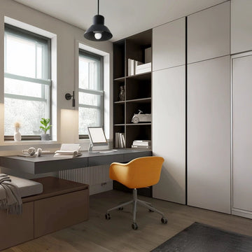 Modern Minimalist Grey Study Room with Vibrant Orange Chair