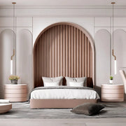 Chic Blush & Taupe Kids Bedroom with Arched   Alcove Headboard