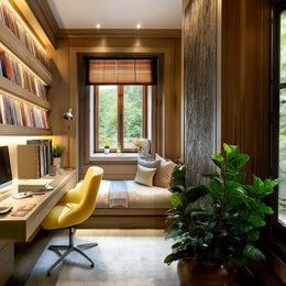 Warm Wooden Study Room with Integrated Daybed and Yellow Chair